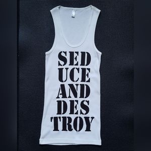 A new ribbed American Apparel tank top. Printed graphic "stencil" lettering.